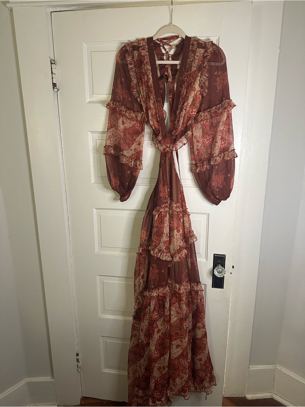 L'ATISTE Rust and Cream Floral Tiered Maxi Dress